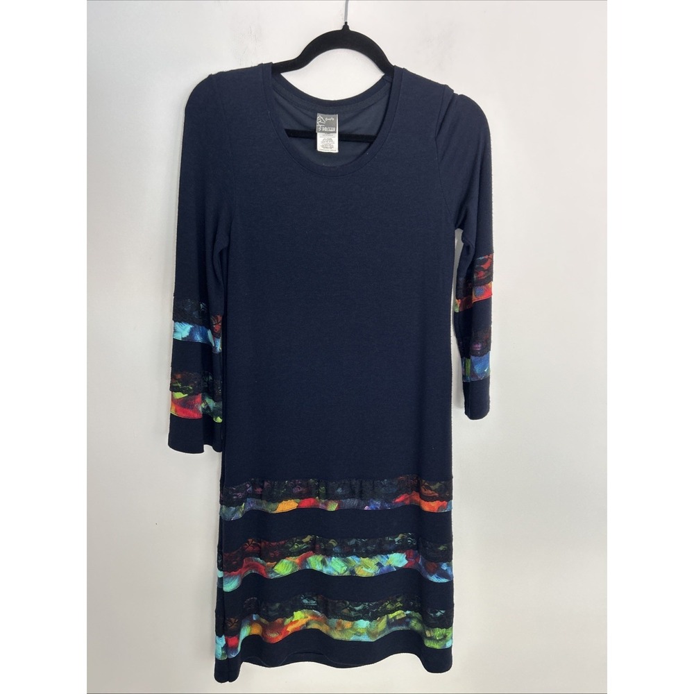 Simply Art/Dolcezza Women's XS Navy‎ Lace Multicolored Strips Art To Wear Dress